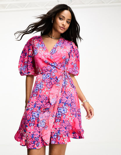 Influence wrap front mini dress in pink and blue floral print