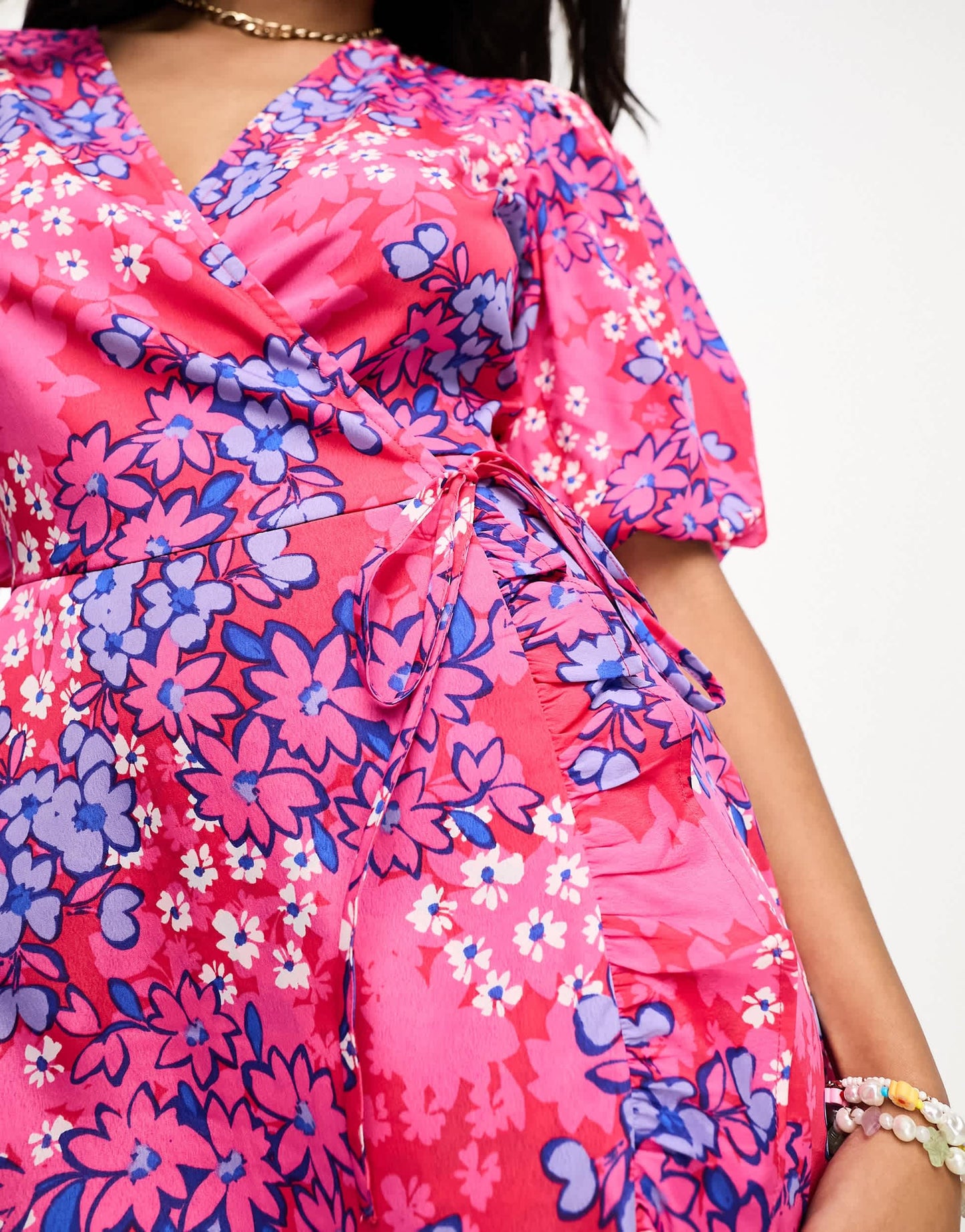 Influence wrap front mini dress in pink and blue floral print