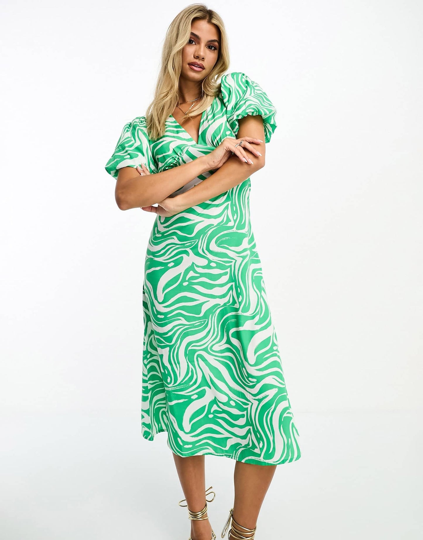 Influence v neck midi dress in green abstract print