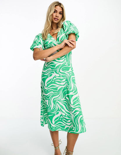 Influence v neck midi dress in green abstract print