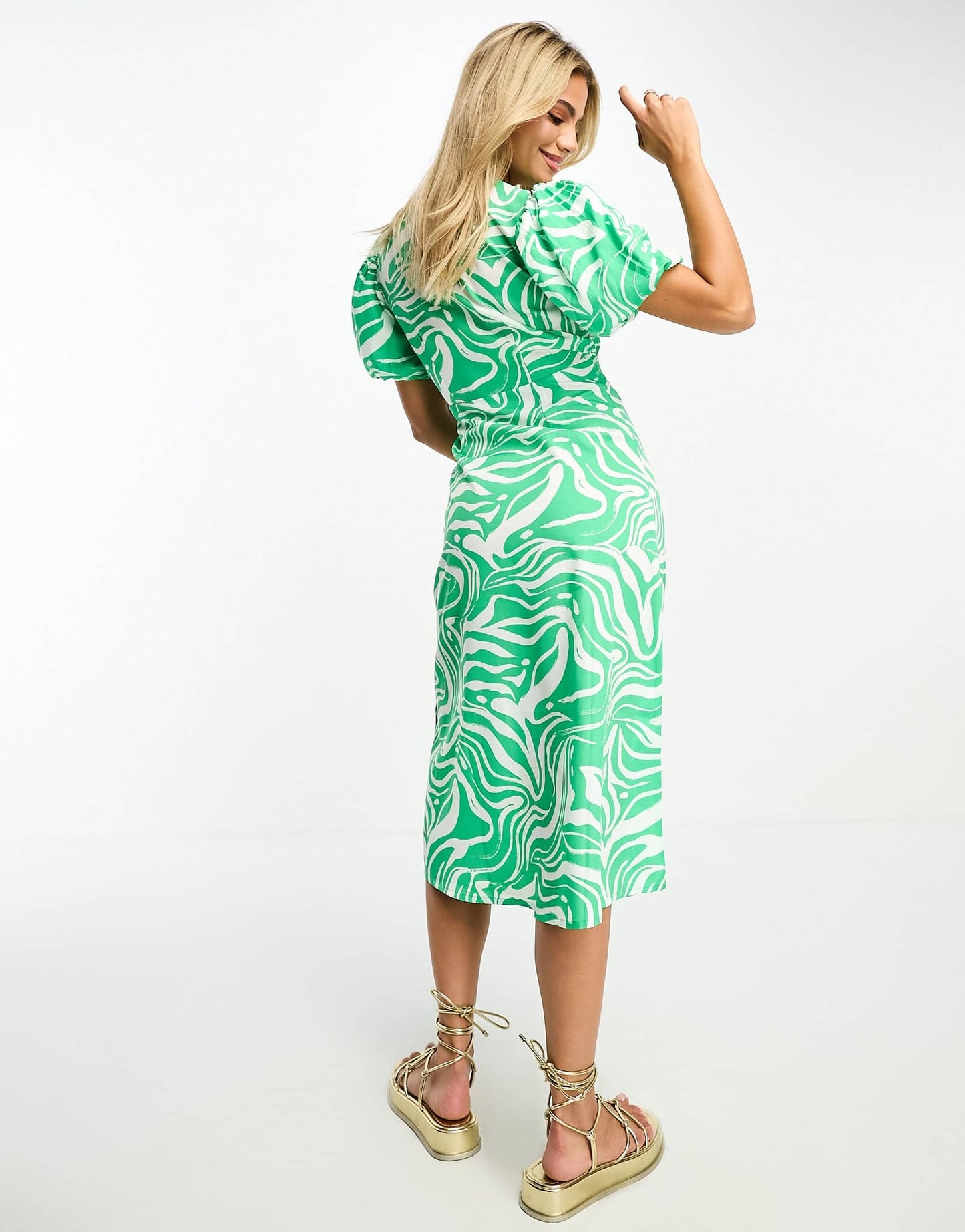 Influence v neck midi dress in green abstract print