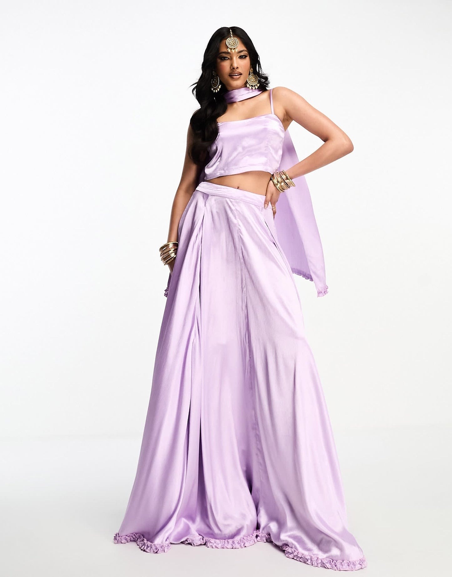 Kanya London Bridesmaid Lehenga spaghetti strap crop top in lavender lilac