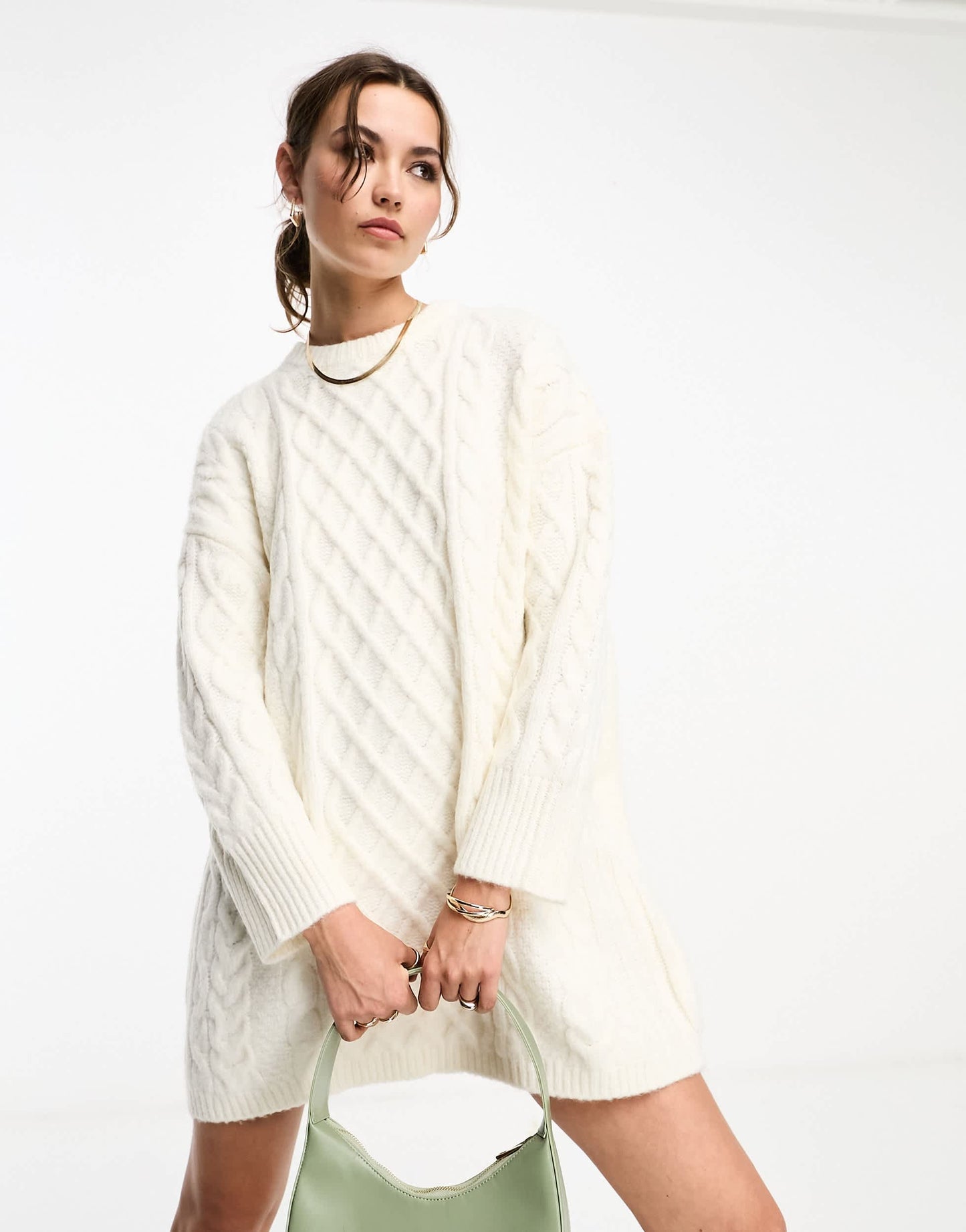 ASOS DESIGN knitted oversized cable mini jumper dress in cream