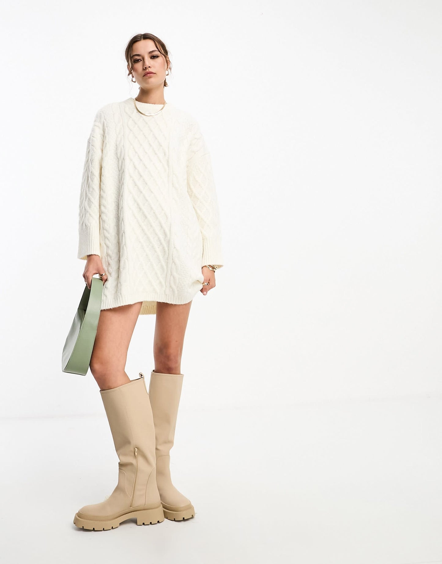 ASOS DESIGN knitted oversized cable mini jumper dress in cream