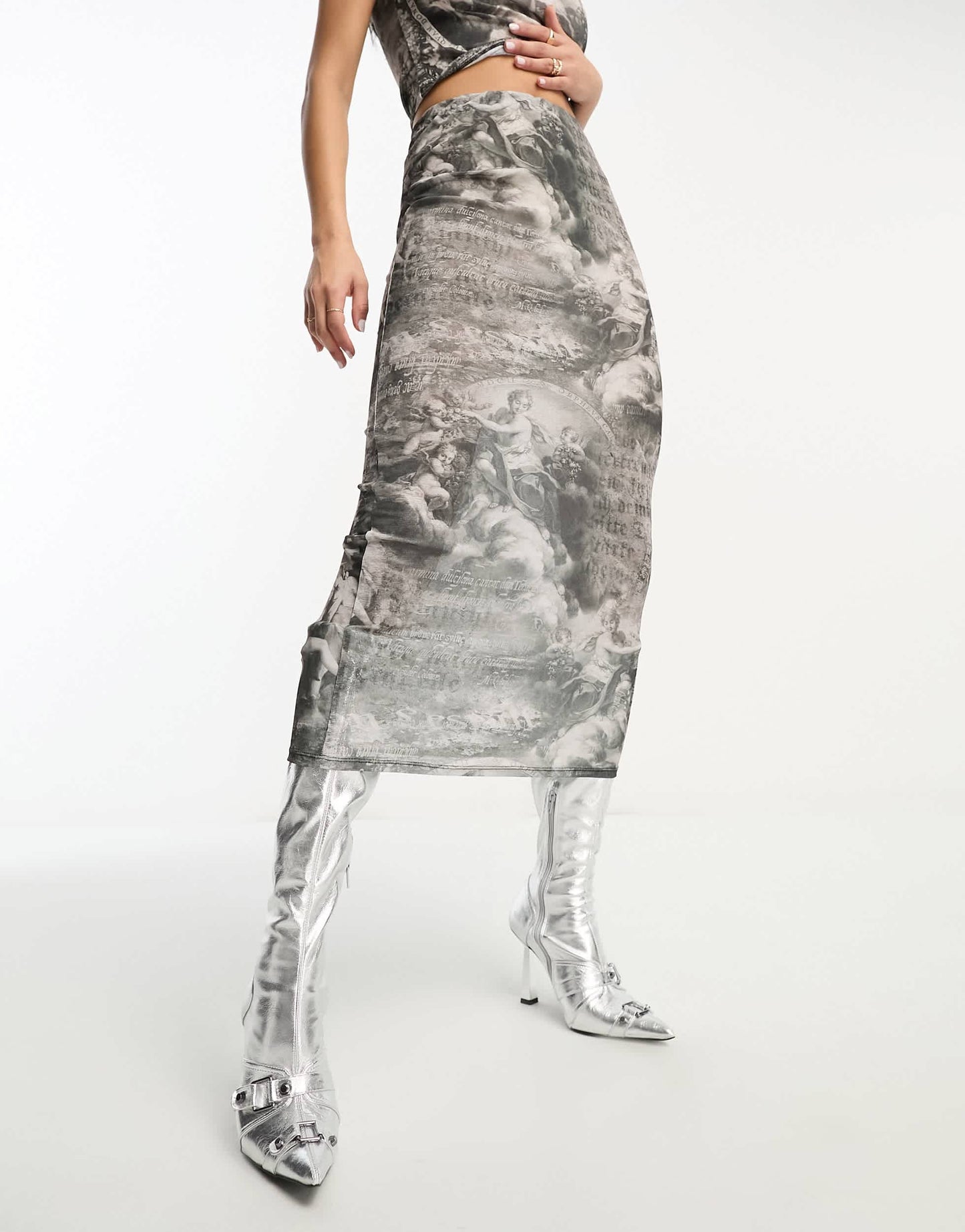 ASOS DESIGN mesh midi skirt co-ord in renaissance placement print