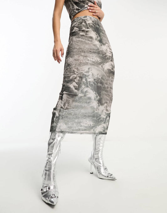 ASOS DESIGN mesh midi skirt co-ord in renaissance placement print
