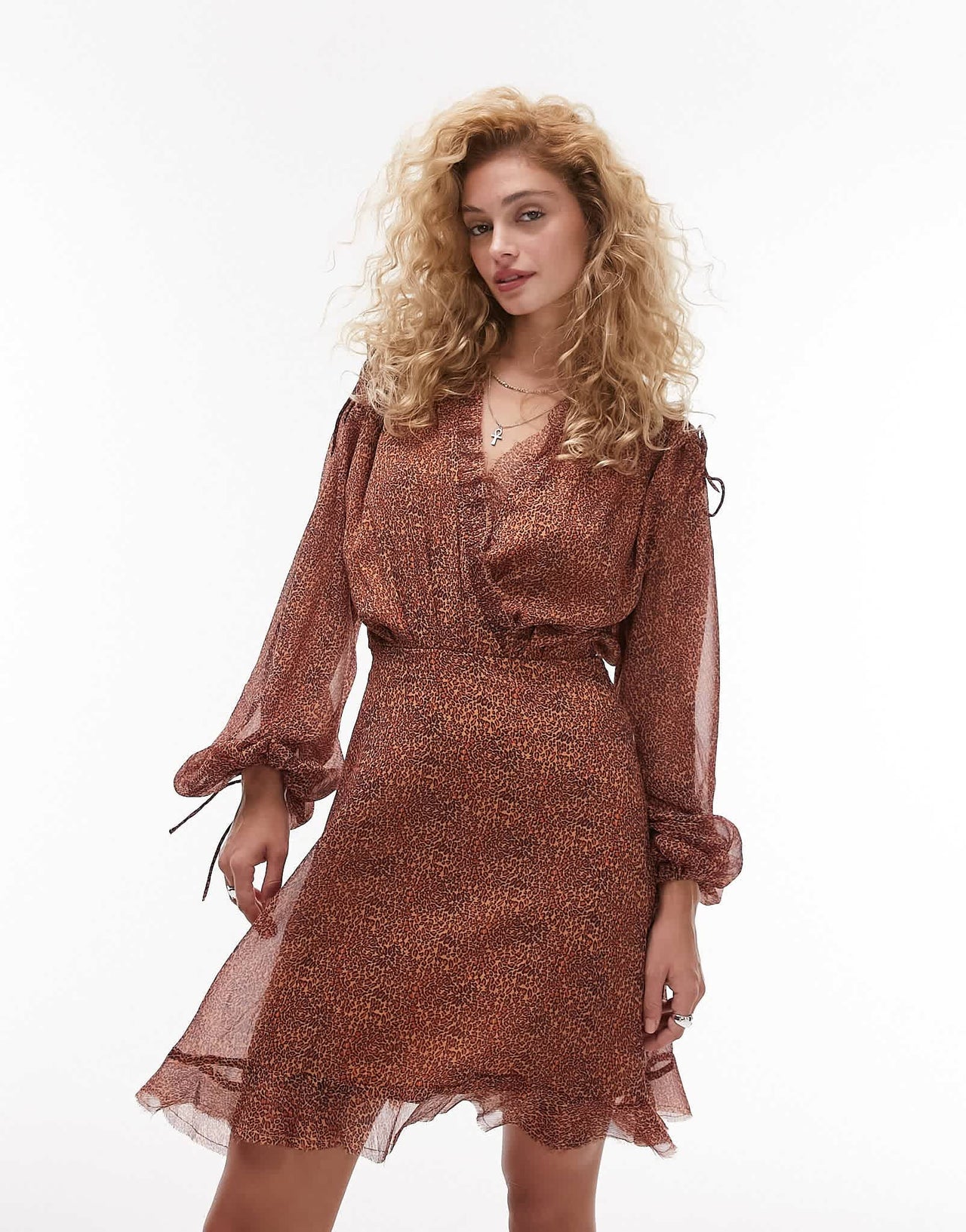 Topshop frill neck mini tea dress with raw seams in animal print