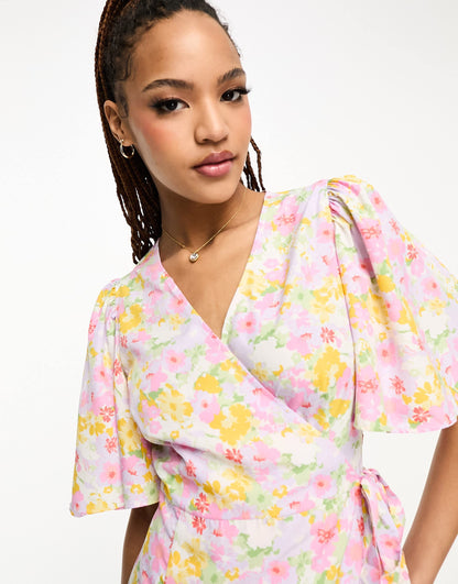 Vero Moda wrap front maxi tea dress in pink floral