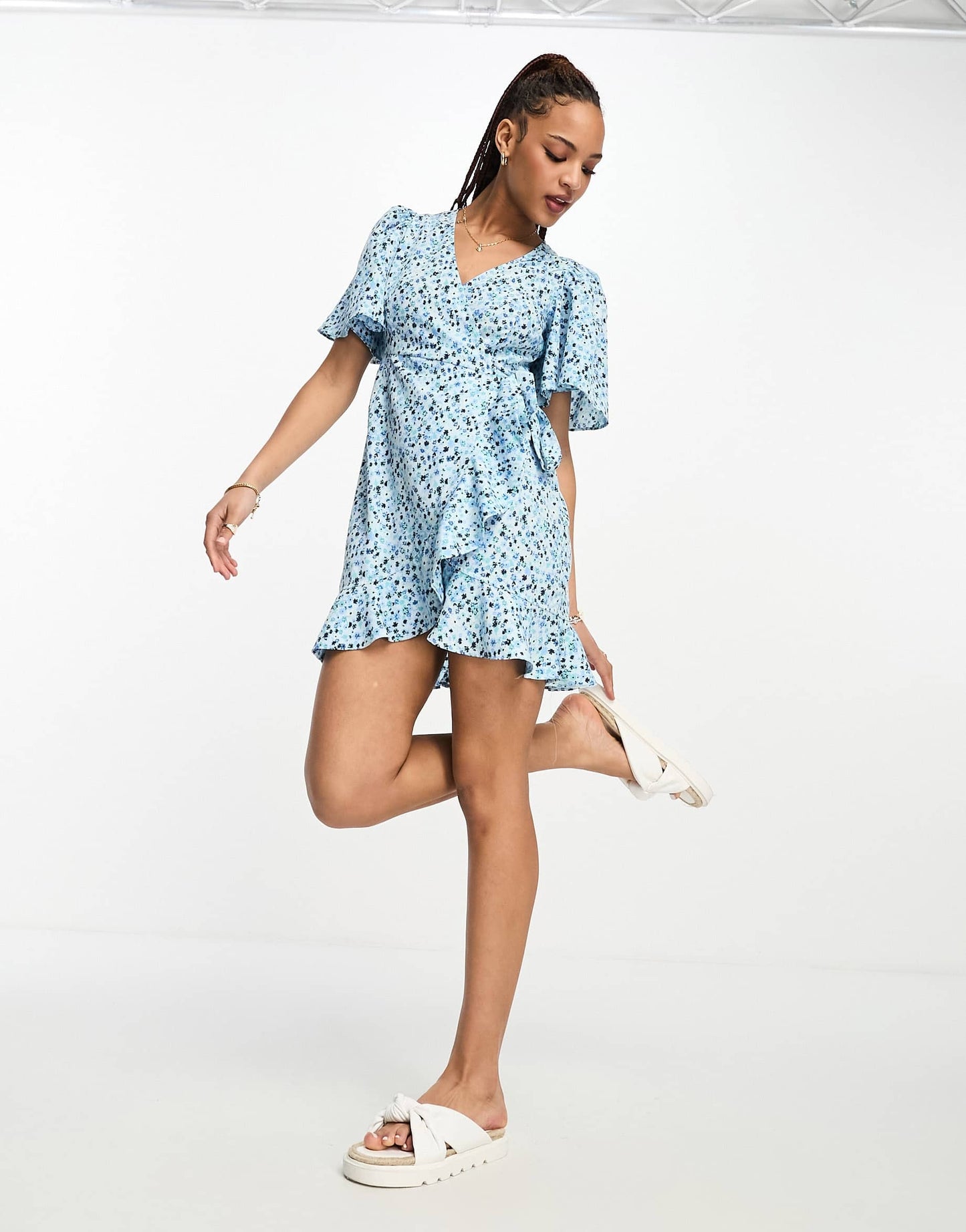 Vero Moda wrap front mini dress in blue florals