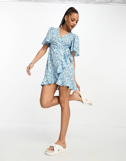 Vero Moda wrap front mini dress in blue florals