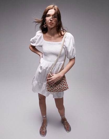 Topshop shirred textured mini dress in ivory