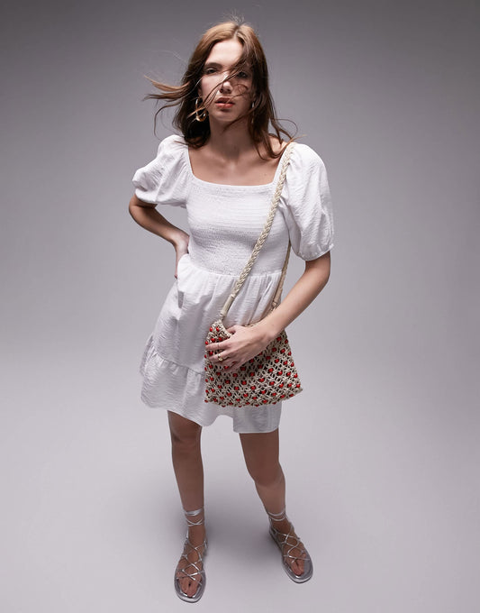 Topshop shirred textured mini dress in ivory