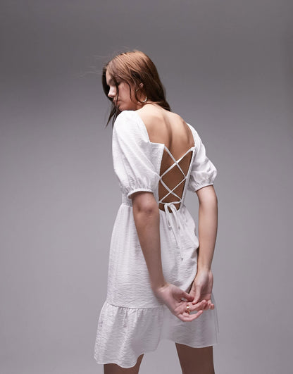 Topshop shirred textured mini dress in ivory