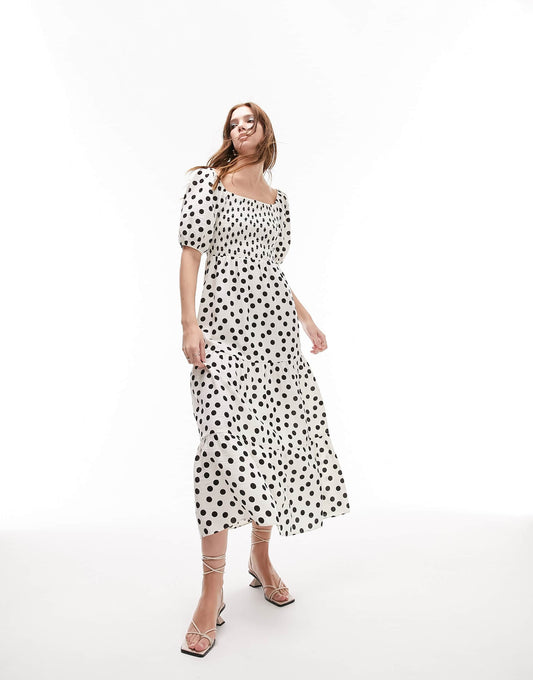 Topshop shirred midi dress in mono spot