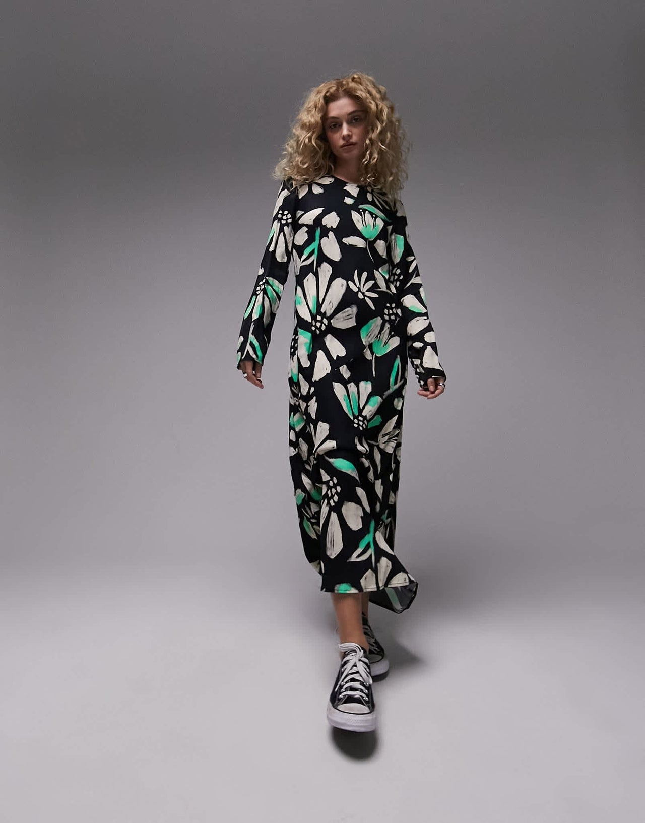 Topshop premium column midi dress in mono and green floral