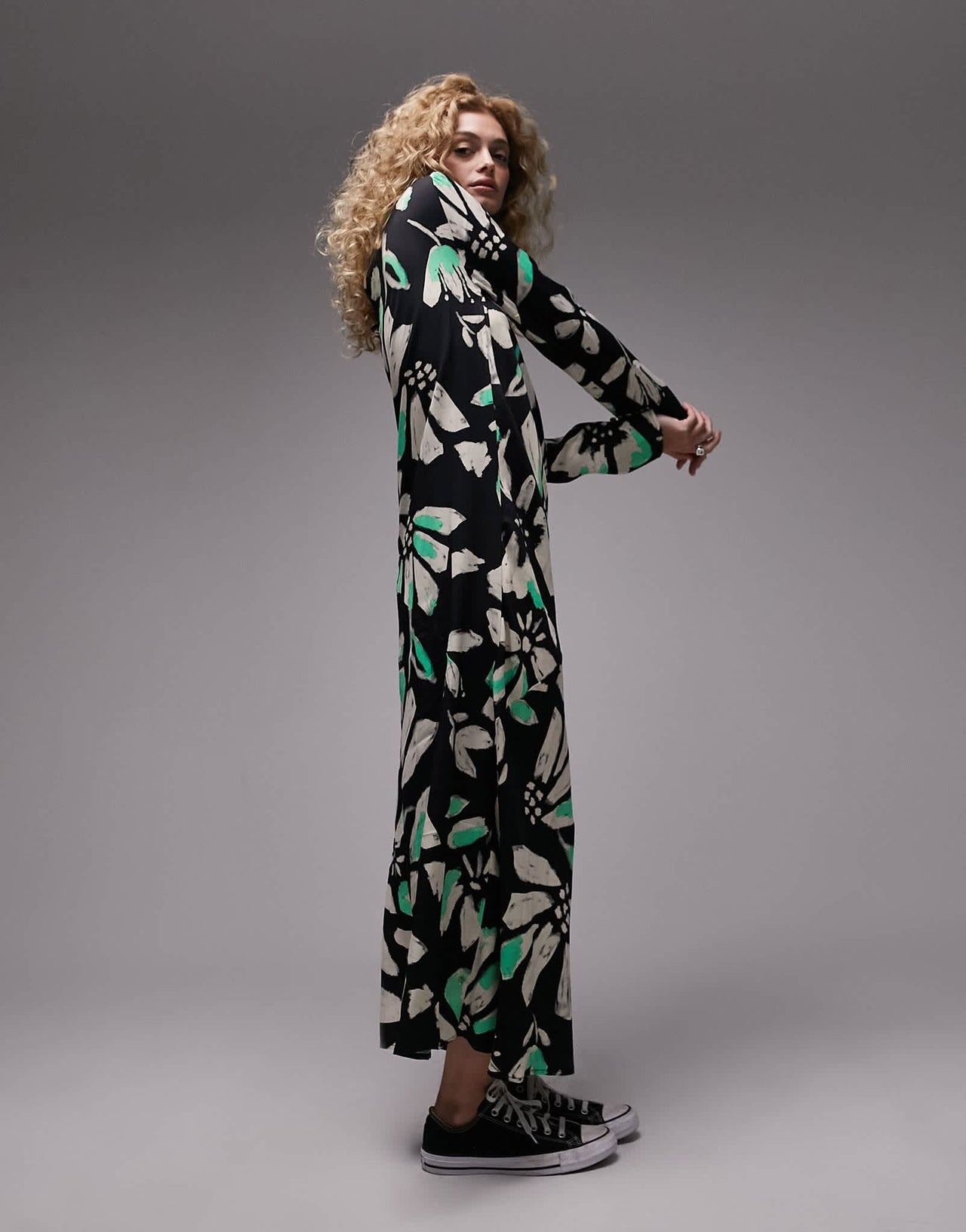 Topshop premium column midi dress in mono and green floral