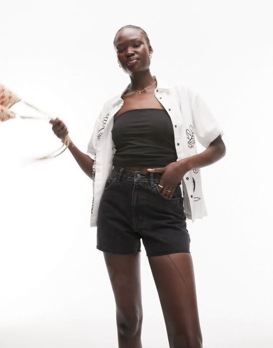 Topshop Tall denim a-line mom short in washed black