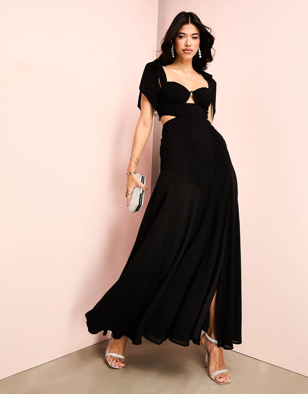 ASOS LUXE chiffon tie shoulder cut-out maxi dress in black