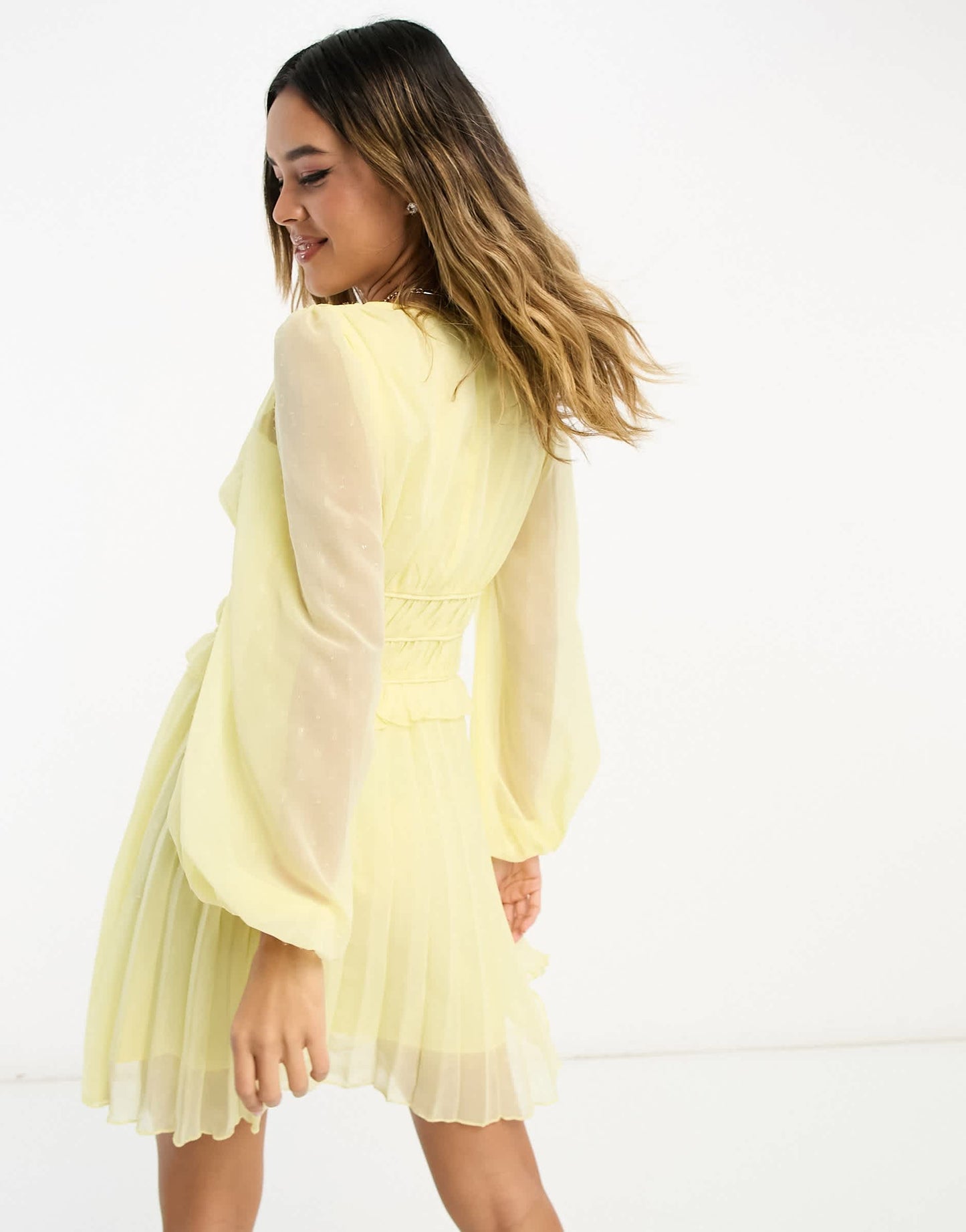 ASOS DESIGN button through ruched waist pleated mini dress in metallic dobby in pastel yellow
