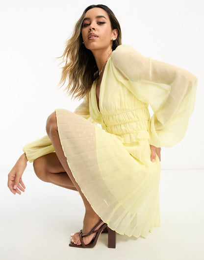 ASOS DESIGN button through ruched waist pleated mini dress in metallic dobby in pastel yellow