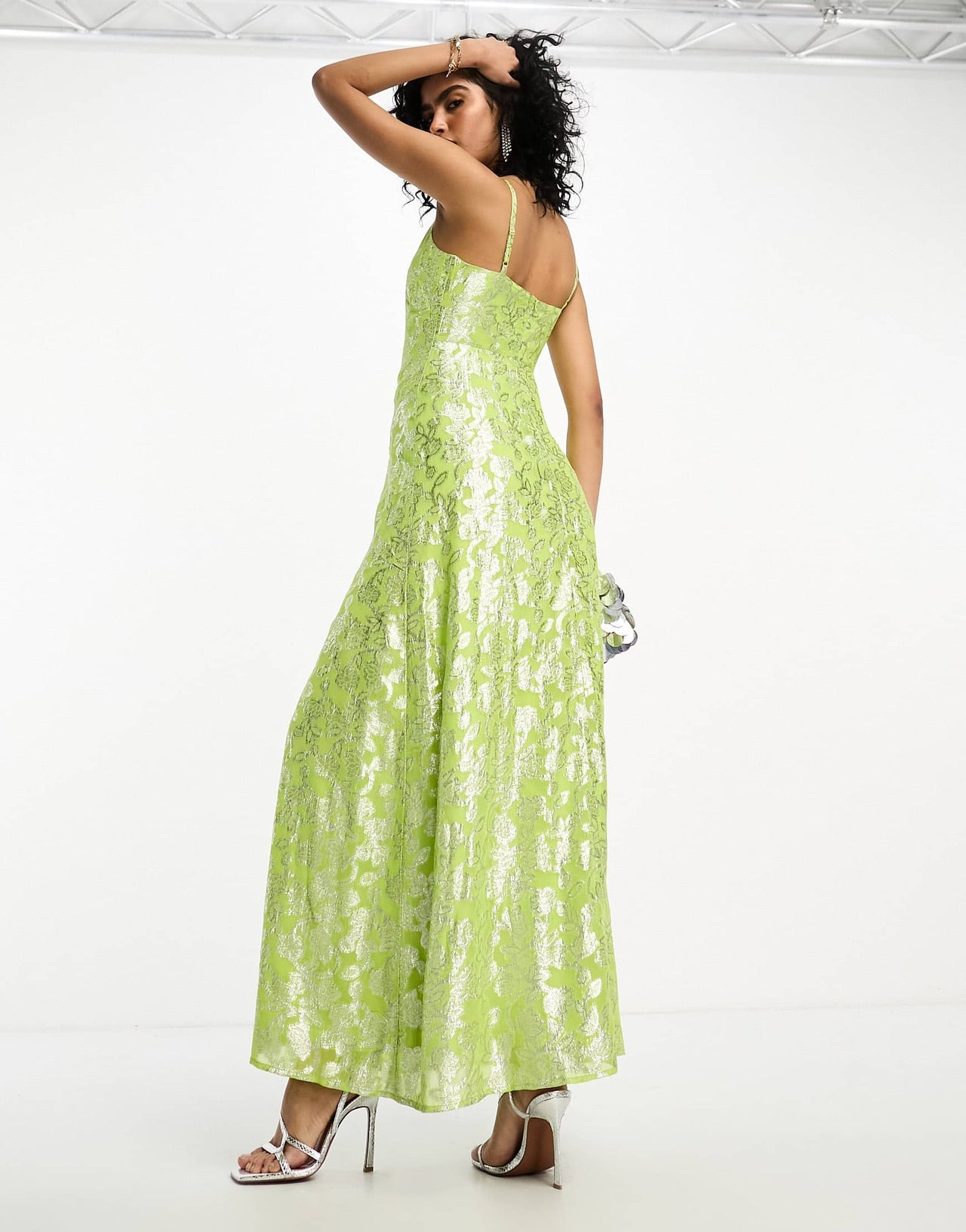 ASOS DESIGN trapeze maxi slip dress in lime metallic jacquard