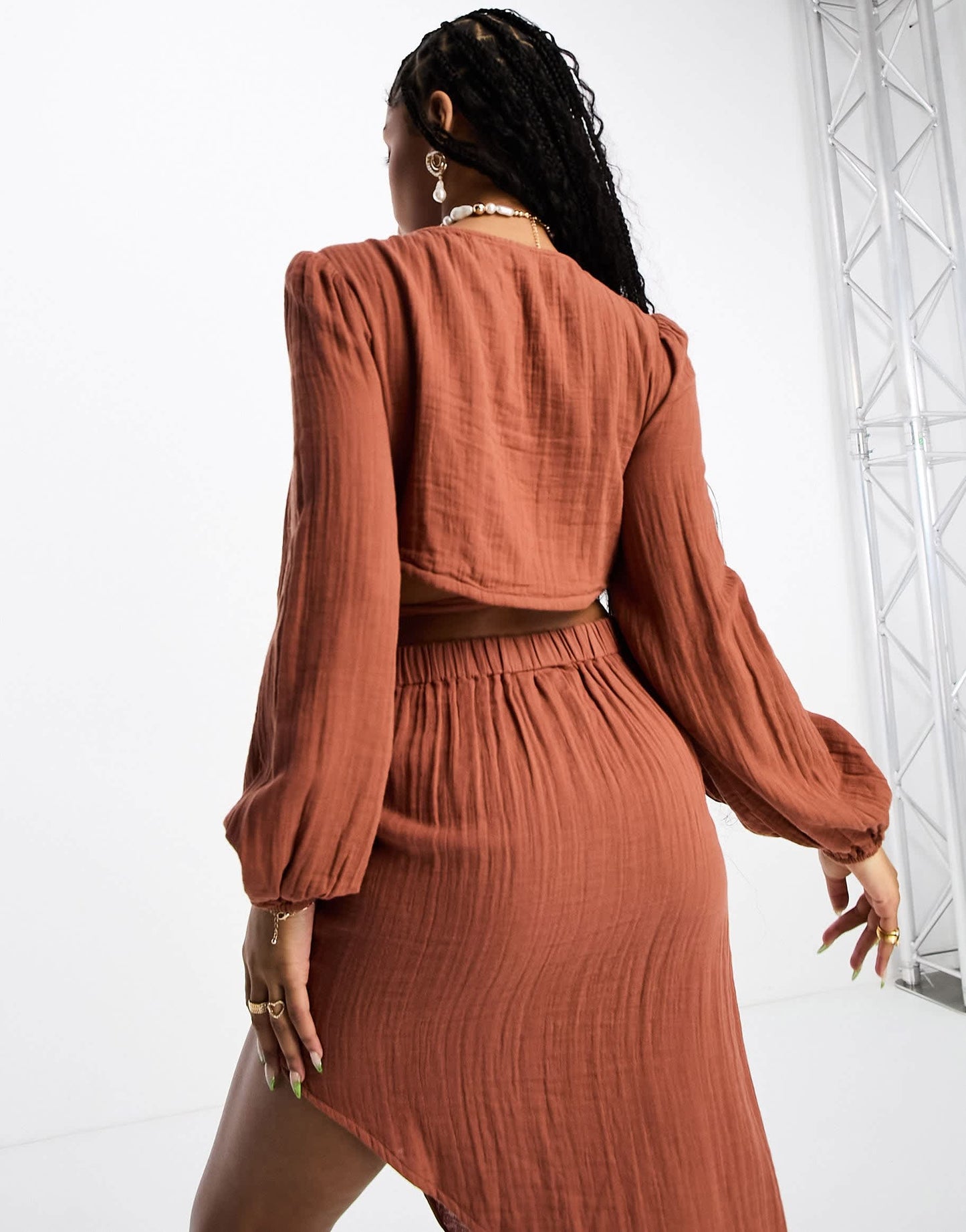 Pieces tie detail beach top co-ord in brown