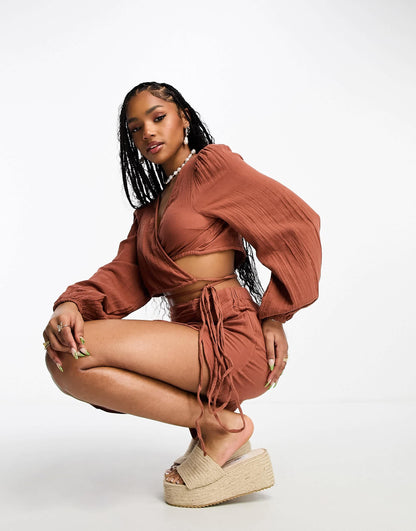 Pieces tie detail beach top co-ord in brown