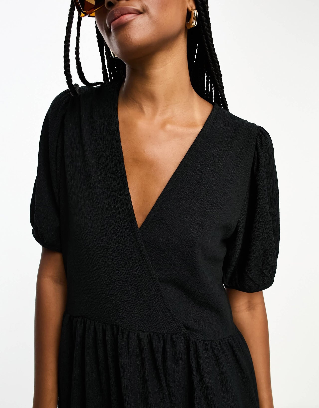 Pieces Tall exclusive textured v neck smock mini dress in black