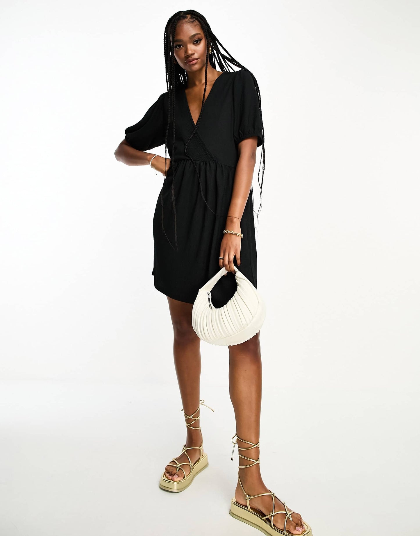 Pieces Tall exclusive textured v neck smock mini dress in black