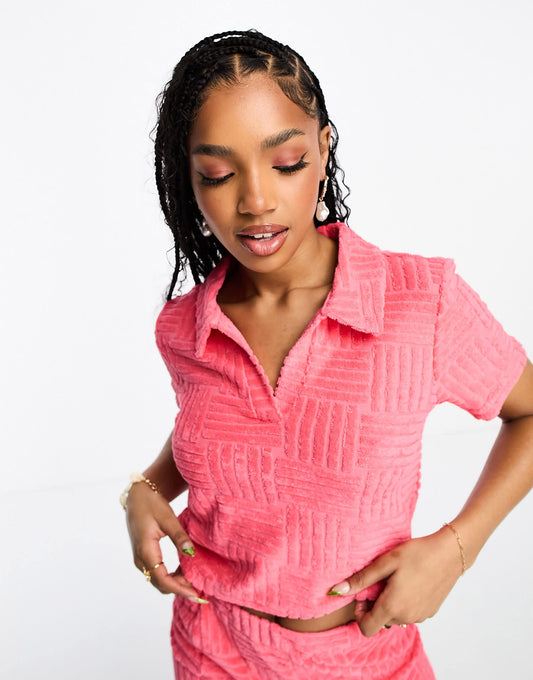 Pieces towelling shirt co-ord in hot pink