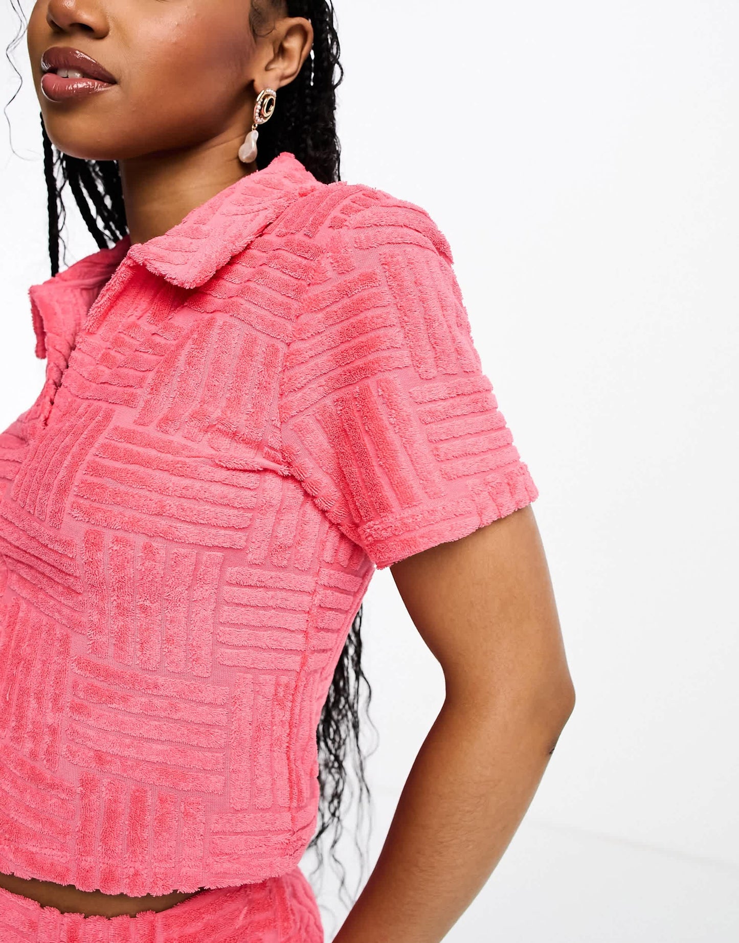 Pieces towelling shirt co-ord in hot pink