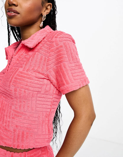 Pieces towelling shirt co-ord in hot pink