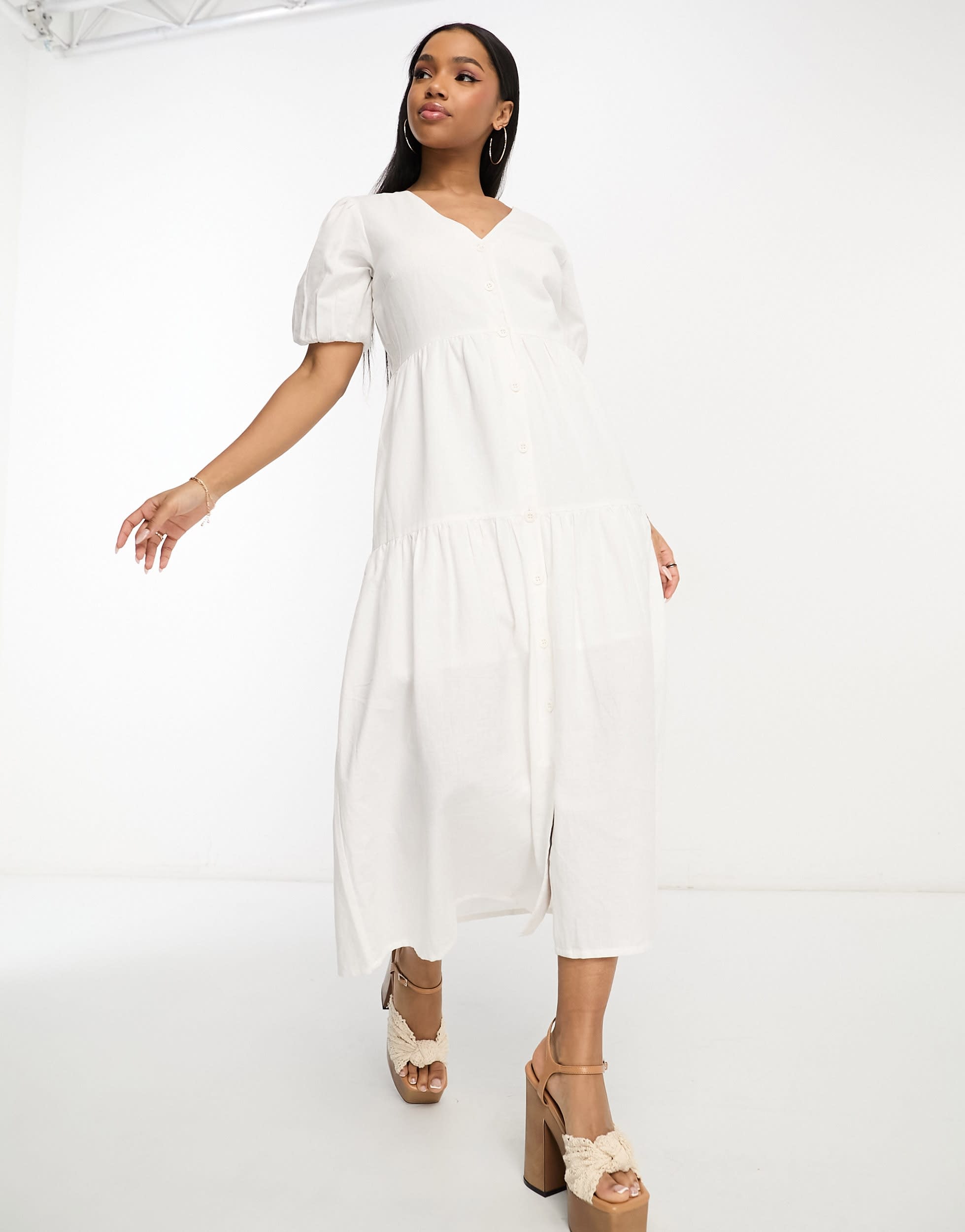 In The Style x Jac Jossa button through tiered midi dress in white