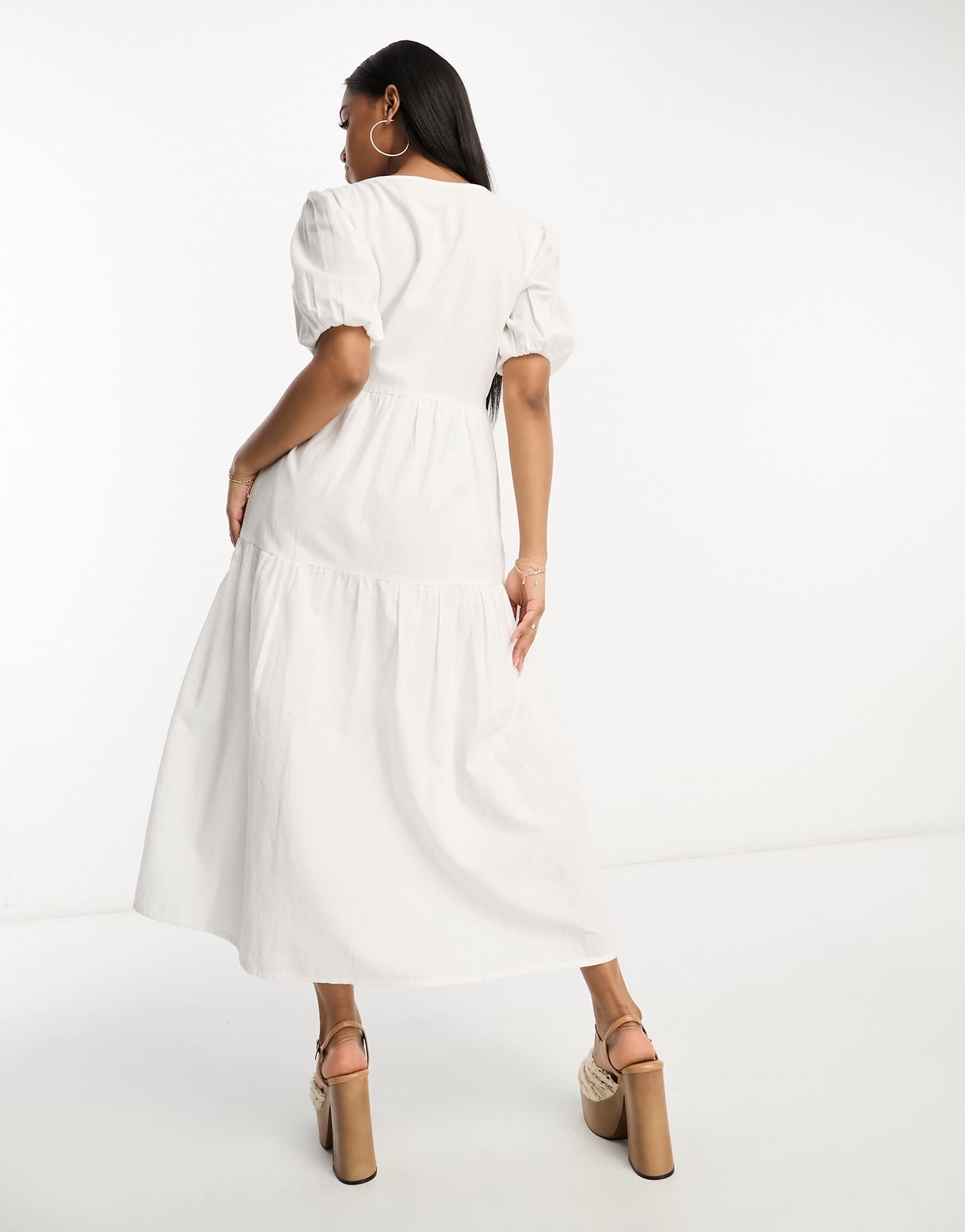 In The Style x Jac Jossa button through tiered midi dress in white