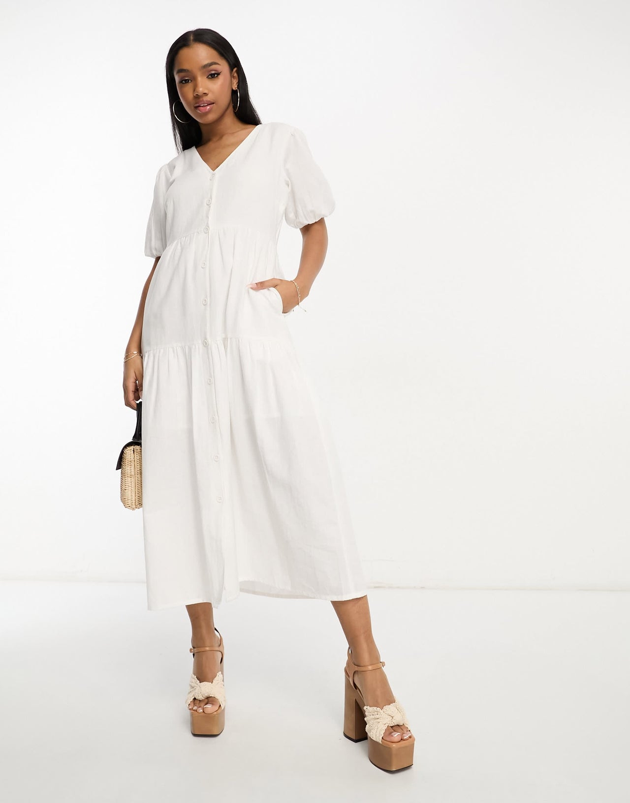 In The Style x Jac Jossa button through tiered midi dress in white