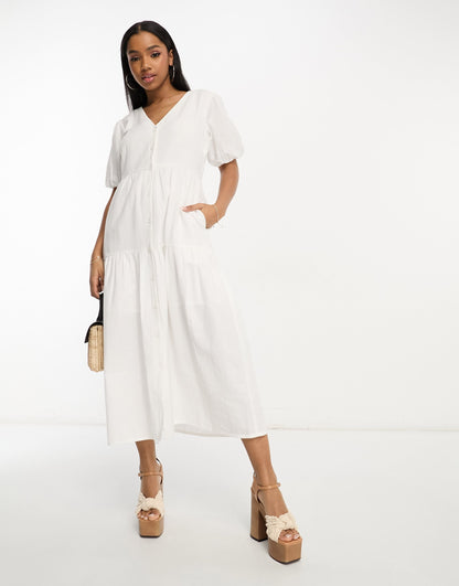 In The Style x Jac Jossa button through tiered midi dress in white