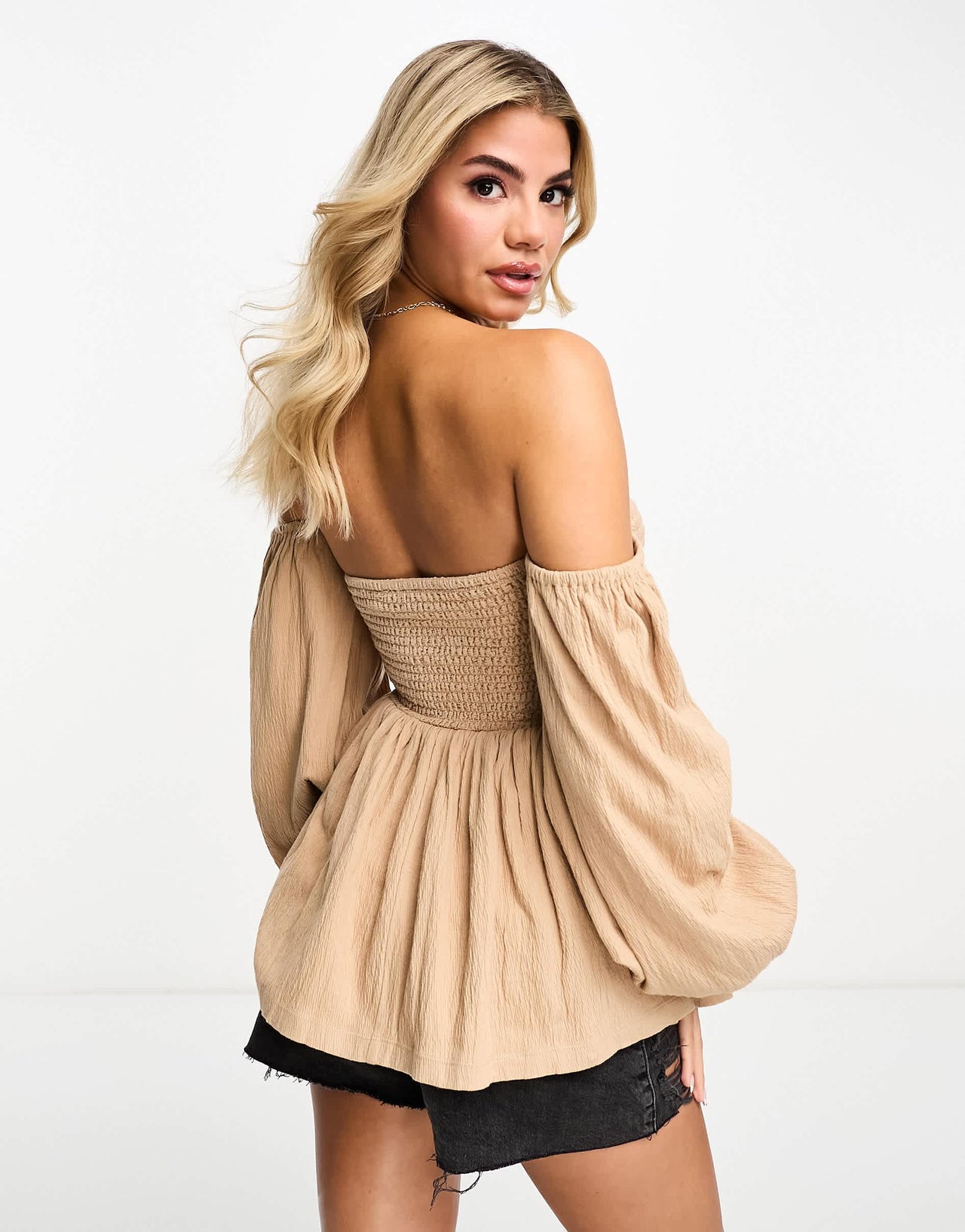 ASOS DESIGN off shoulder textured blouse in stone