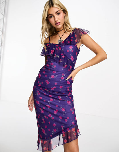 Heartbreak off shoulder mesh midi dress with ruffle details in blue floral print
