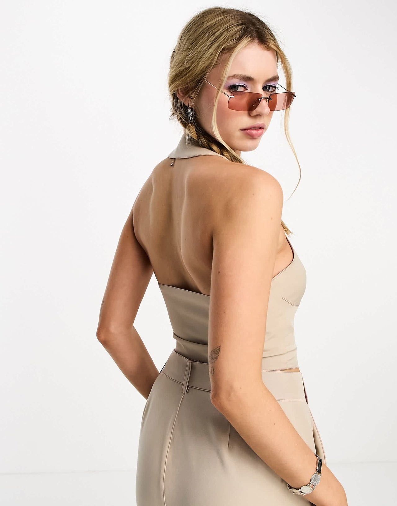 Heartbreak halter neck corset top with contrast stitch co-ord in beige