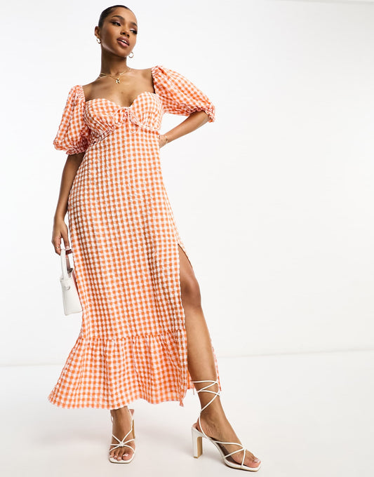 The Frolic exclusive gingham ruffle milkmaid midaxi dress in tangerine