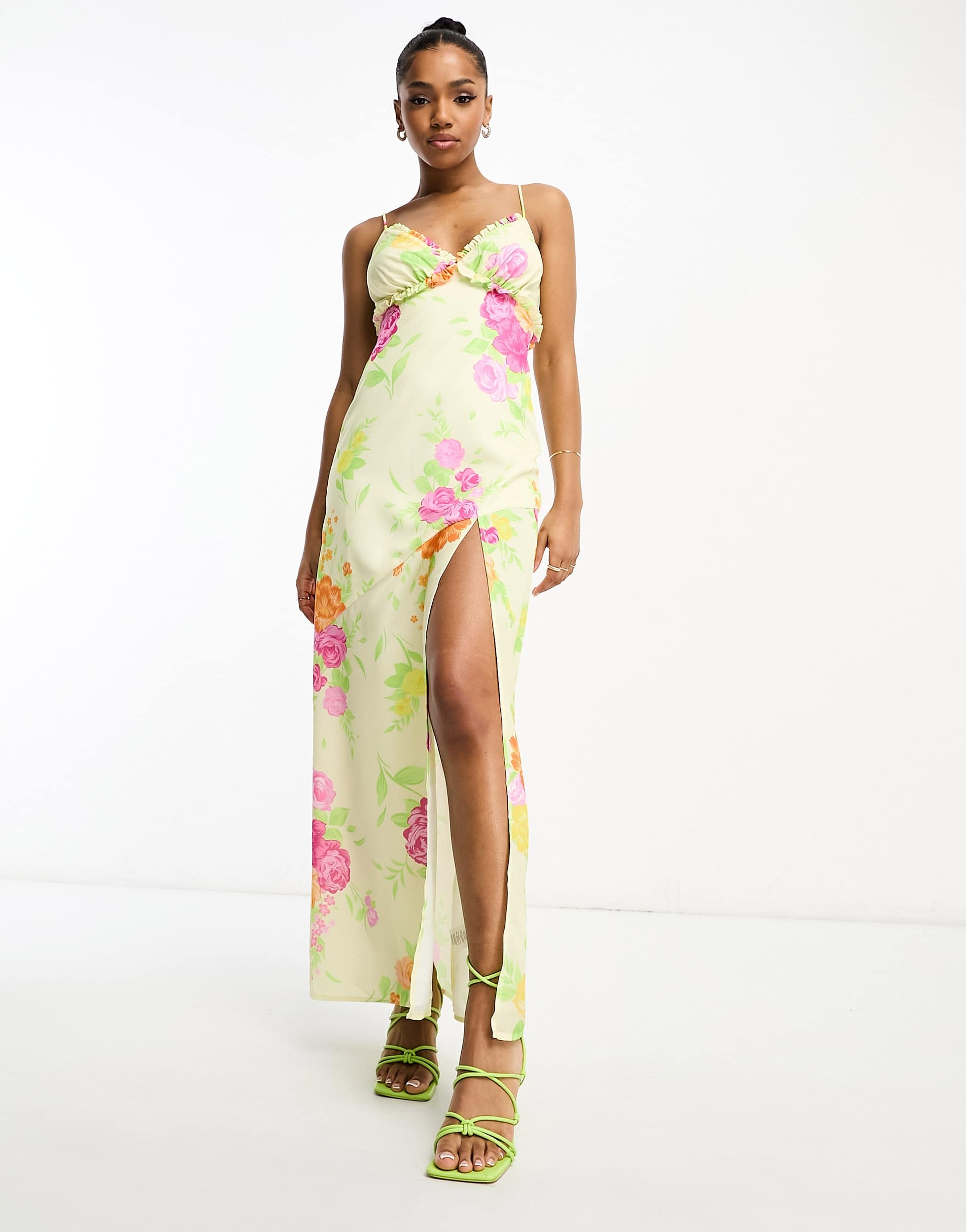 The Frolic exclusive bloom floral print asymmetric ruffle maxi dress in multi