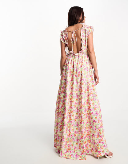 The Frolic exclusive watercolour floral ruffle scoop neck maxi dress in multi
