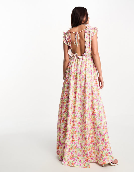 The Frolic exclusive watercolour floral ruffle scoop neck maxi dress in multi