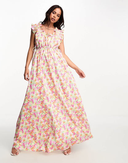 The Frolic exclusive watercolour floral ruffle scoop neck maxi dress in multi
