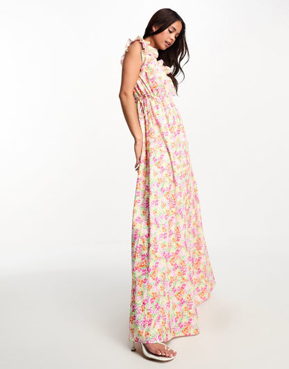 The Frolic exclusive watercolour floral ruffle scoop neck maxi dress in multi