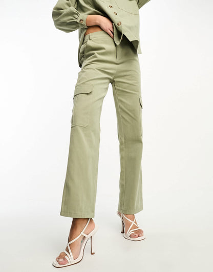 In The Style x Gemma Atkinson utility cargo trousers co-ord in khaki