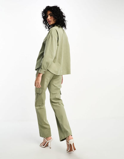 In The Style x Gemma Atkinson utility cargo trousers co-ord in khaki