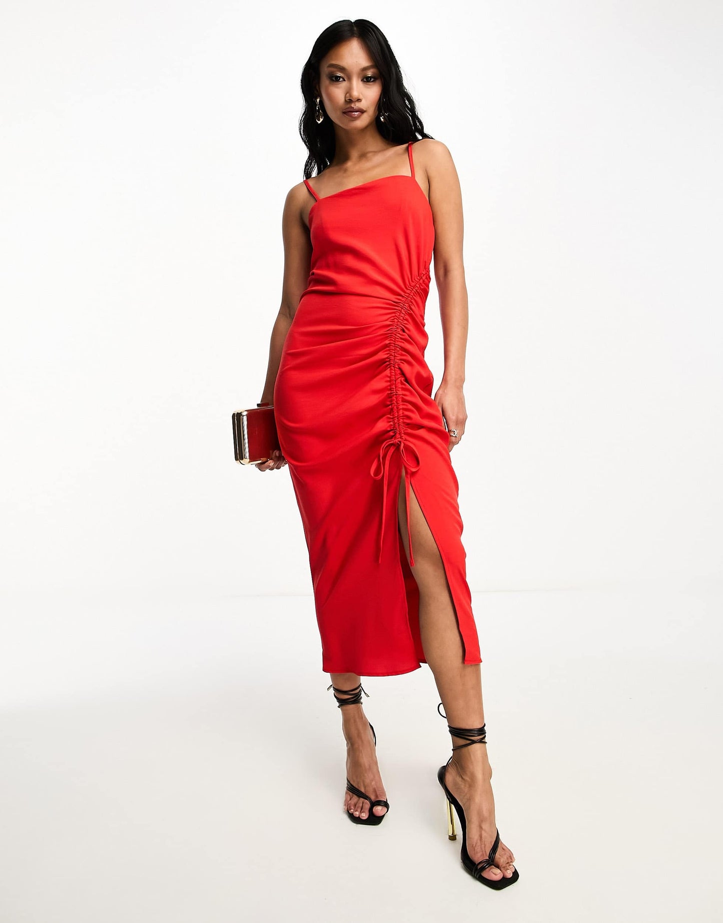 In The Style x Gemma Atkinson ruched split front midi dress in red