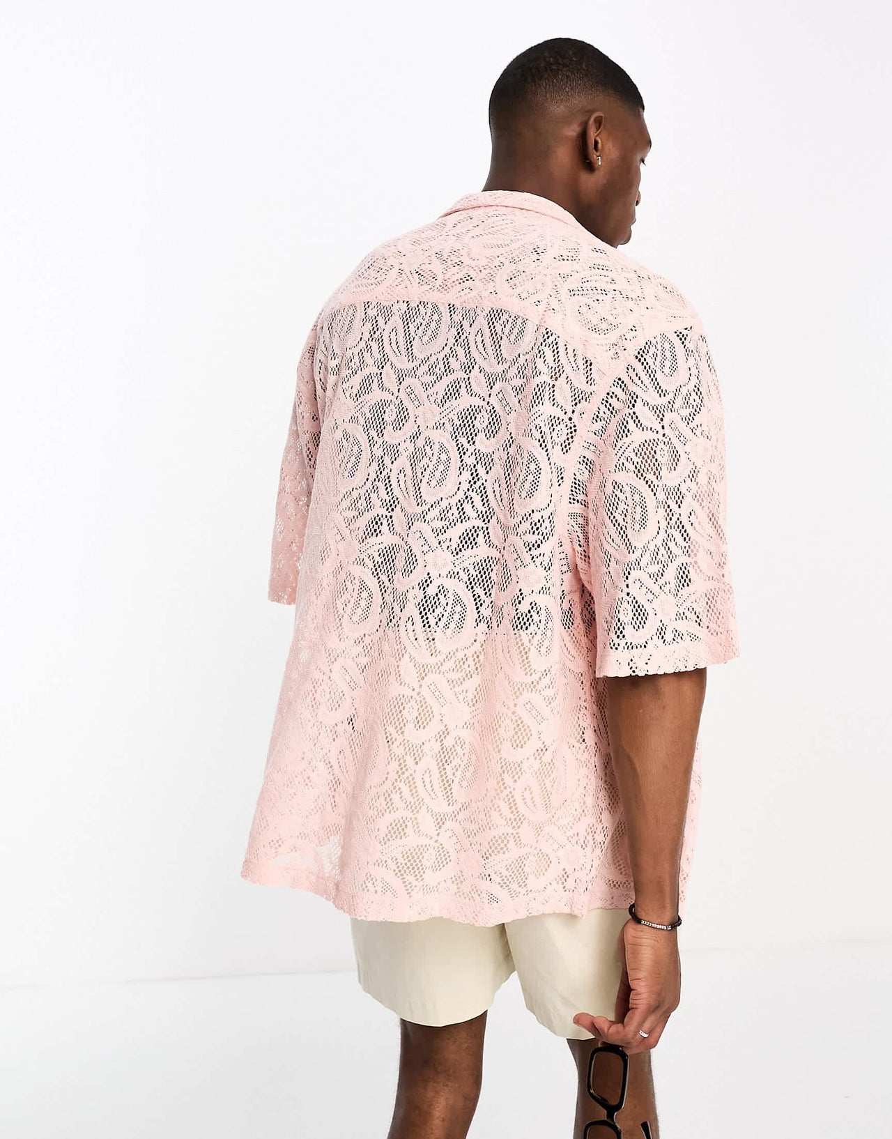 ASOS DESIGN dropped shoulder oversized revere shirt in light pink lace