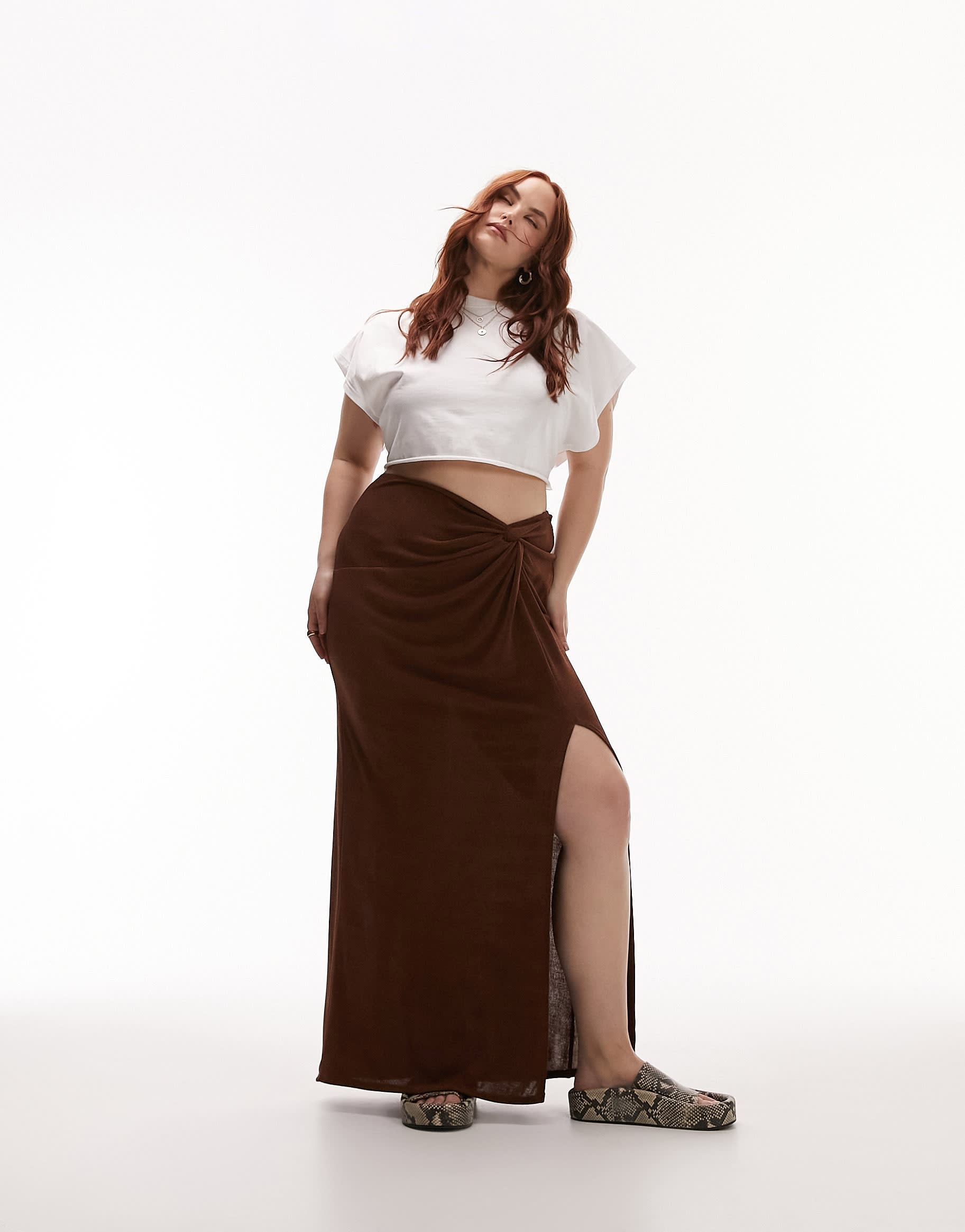 Topshop Curve slinky twist front maxi skirt in chocolate